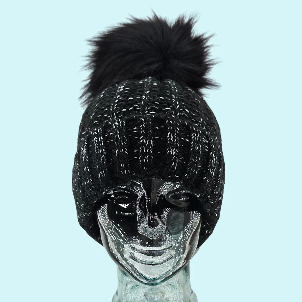 Kyi Kyi Hat Beanie Black Chunky Ribbed Cuffed Faux Fur Pom Pom Cottagecore Gift